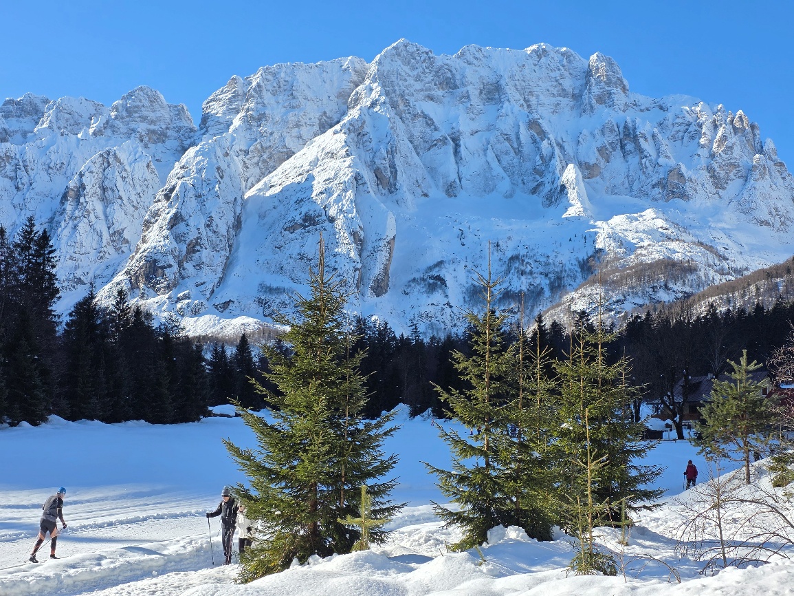 Le pareti nord innevate dello Jof di Montasio viste dalla Val Saisera d'inverno