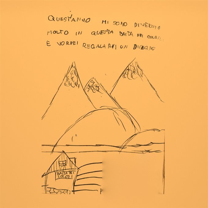 Messaggio nel libro delle presenze, 26 giugno 2025, con il disegno di una baita e delle montagne
