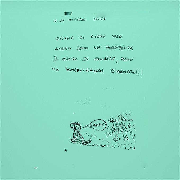 Messaggio nel libro delle presenze, 8-11 ottobre 2023, con il disegno di un cagnolino