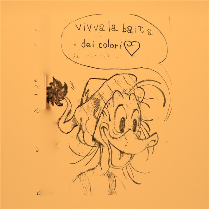 Messaggio nel libro delle presenze, disegno di un personaggio dei fumetti con la scritta “Viva la baita dei colori”